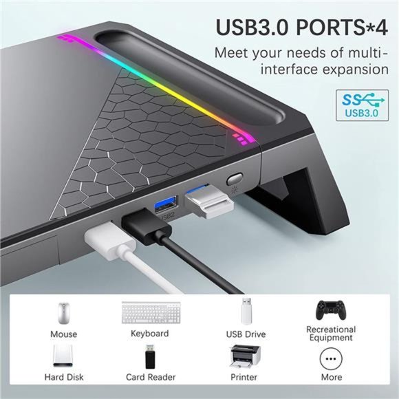 Monitor Stand for Desk RGB Gaming Lights with 4 USB 3.0 Hub, Foldable  - Black - Picture 3 of 6